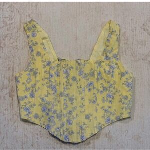 YLLW Women Yellow Blue Floral Linen Corset Top Lace Up Back Cropped Bodice M